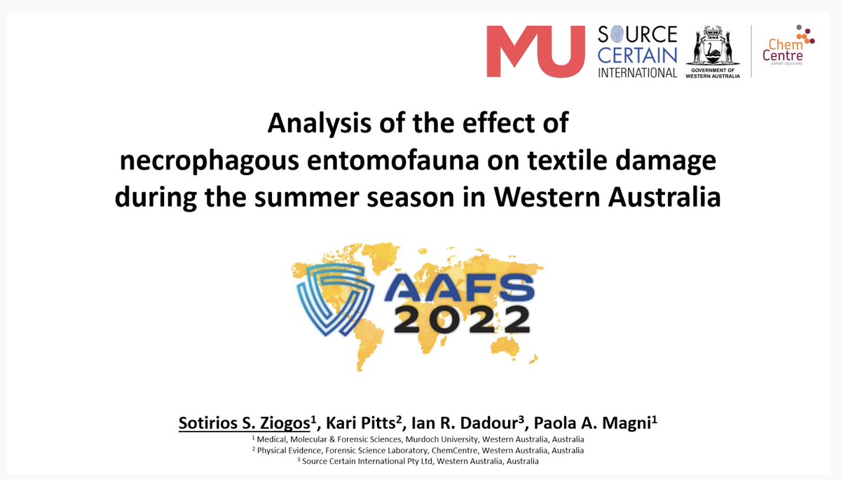 doc_magni's tweet photo. Ready to present at @The_AAFS!

🧪👚E84 #TextileAnalyses &amp; #AquaticForensic [24/2 h2:30pm Seattle time]
🪰👕 E60 #TextileAnalyses &amp; #ForensicEntomology [24/2 h2:45pm Seattle time] 

🙌🏻 Feel free to get in touch with us!
@MurdochUni @ChemCentre @forensicchemrox @StevieZiogos https://t.co/5riy6wXEyH