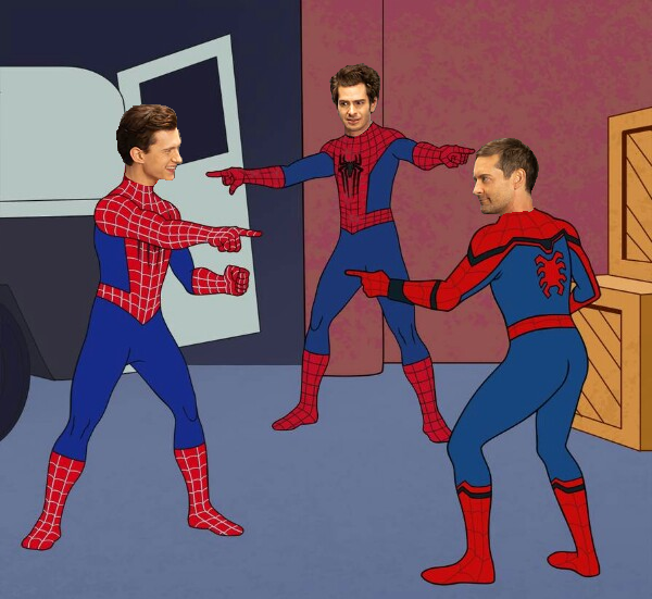 NickACJones's tweet photo. Apparently nobody had lazily added Tom Holland, Andrew Garfield, and Tobey Maguire heads to the original Spider-man pointing meme using MS Paint.
So I figured why not me? Why not be the low-effort change that I want to see in the world?
#lazy #spidermanpointingmeme #spiderman https://t.co/v2G4O7DwSd