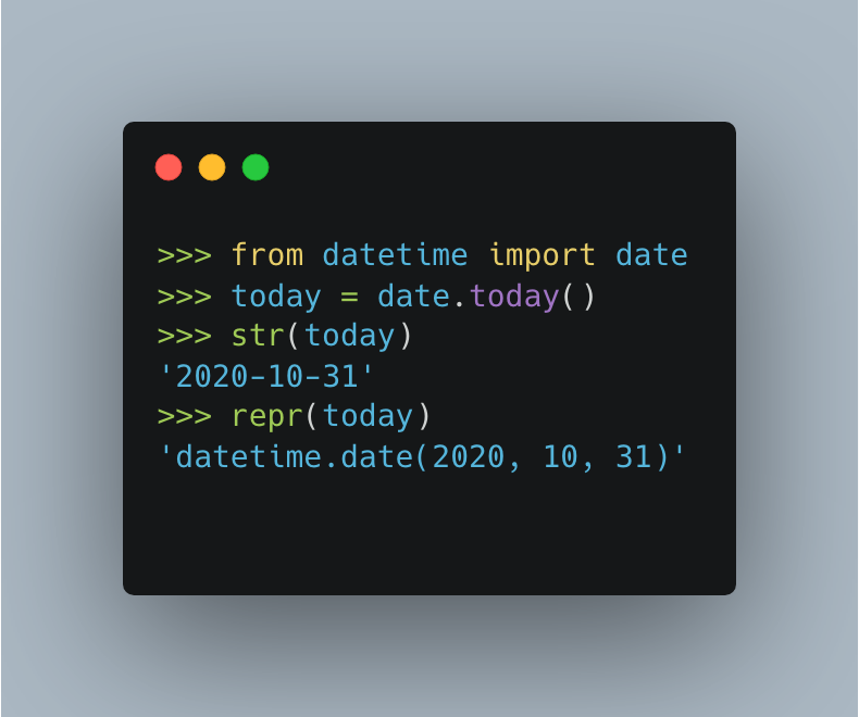 bbelderbos's tweet image. __repr__ vs. __str__ in #Python?

@nedbat said it best:
 
&amp;gt; My rule of thumb: __repr__ is for developers, __str__ is for customers.

The datetime module offers a nice example of this: