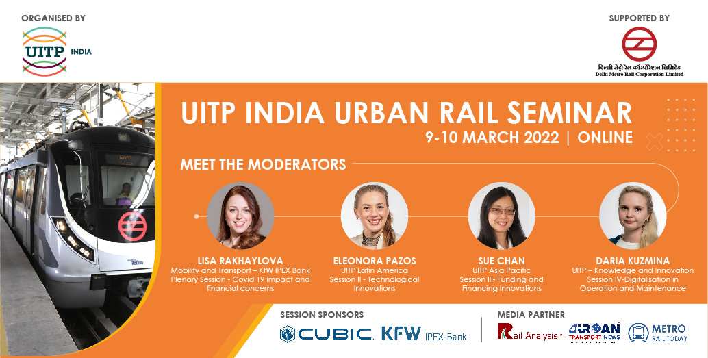 📢 Meet the moderators!

UITP India Urban Rail Seminar 2022, supported by <a href="/OfficialDMRC/">Delhi Metro Rail Corporation</a>  

Join us for exciting sessions with Lisa Rakhaylova of <a href="/KfW_int/">KfW</a> IPEX Bank and <a href="/eleonora_pazos/">Eleonora Pazos</a>, Sue Chan, Daria Kuzmina of UITP!

🗓️9-10March 2022
☀️Register now lnkd.in/gdArczKy