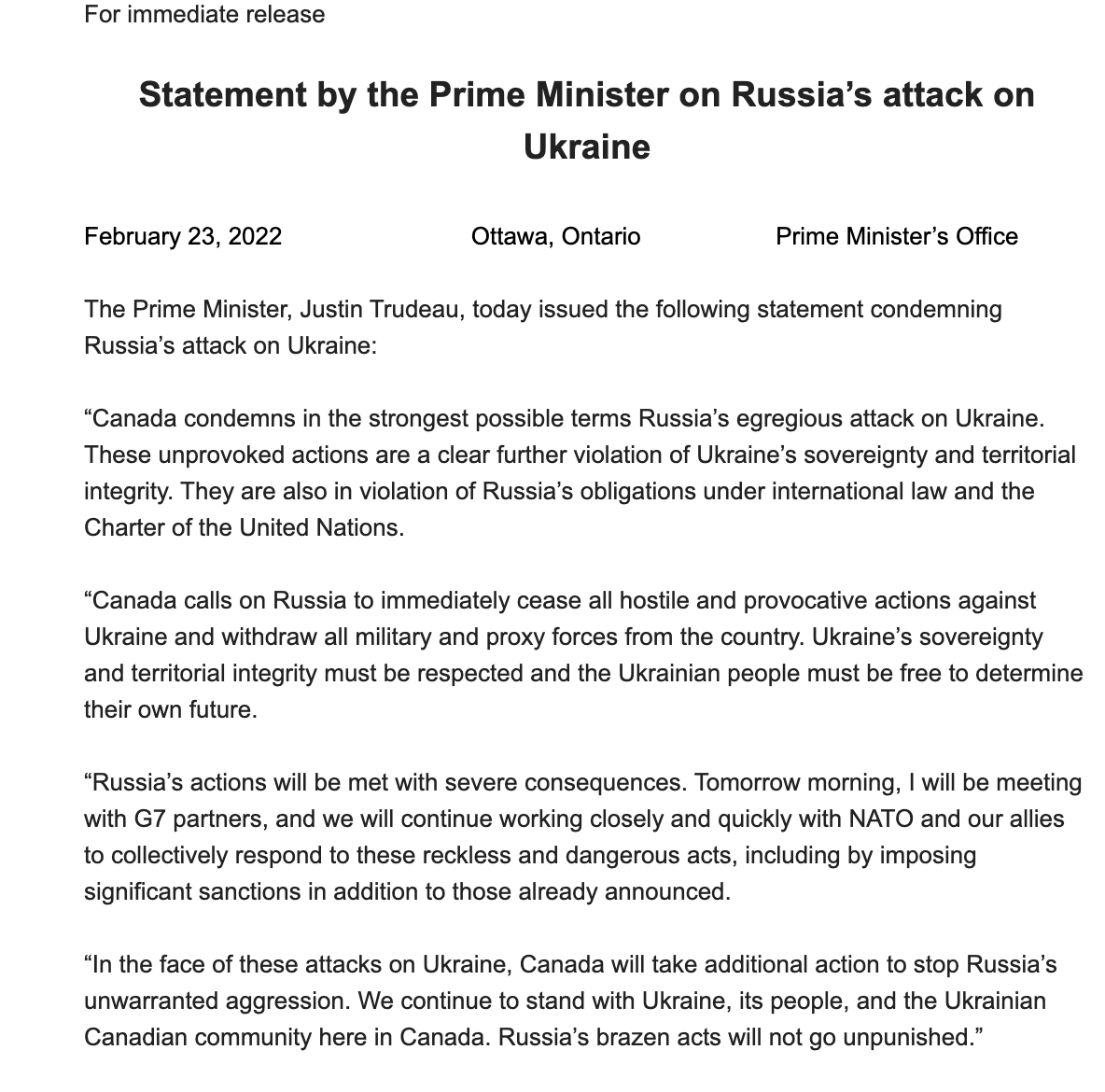 Justin_Ling's tweet photo. Canada's statement on the invasion of Ukraine. https://t.co/EcQkK0igti