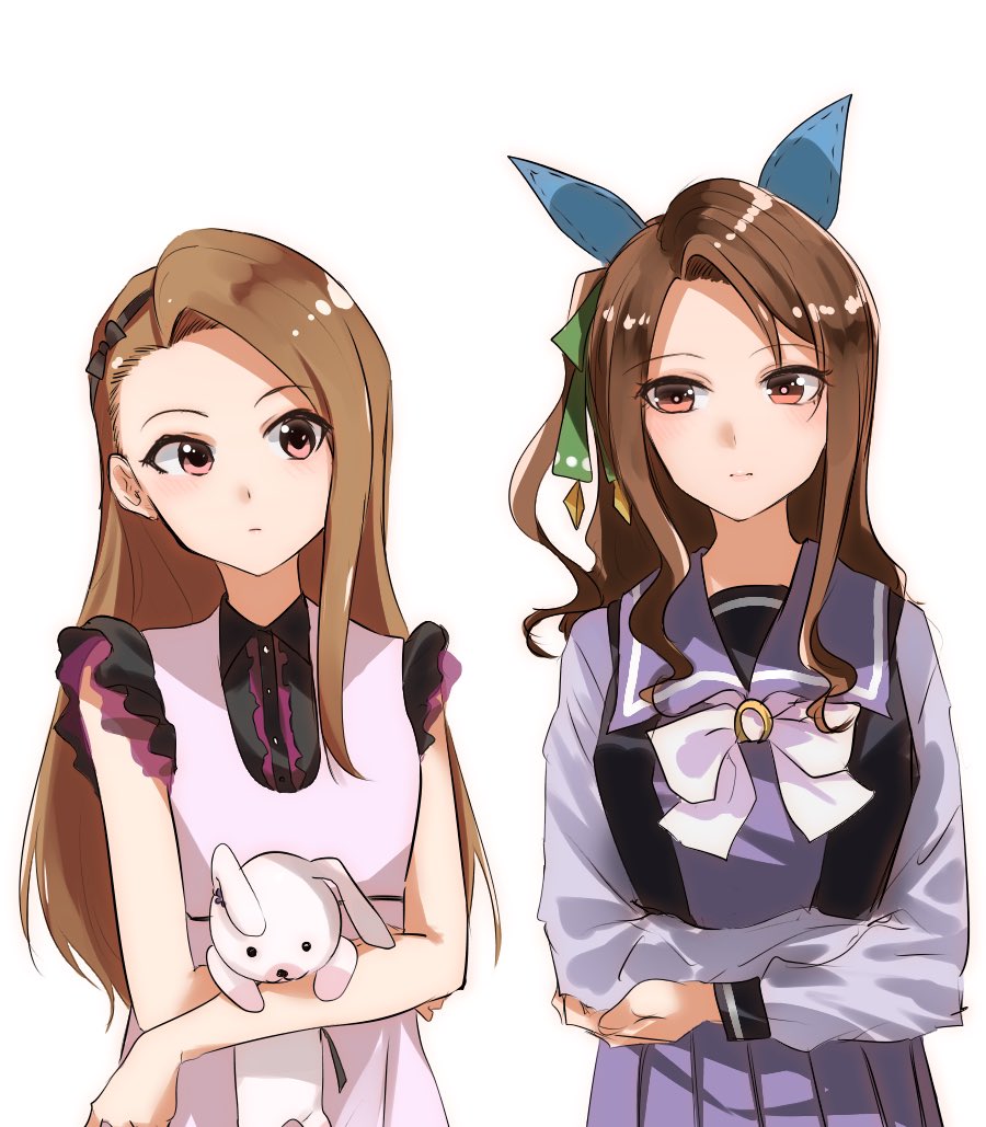 king halo (umamusume) ,minase iori multiple girls 2girls stuffed toy brown hair stuffed animal long hair school uniform  illustration images