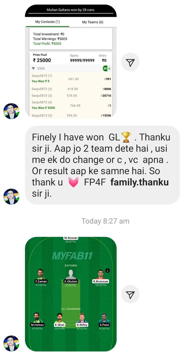 SportsStatsFree's tweet photo. 💥🚨🤑👍Our Fantasy Prediction For Free YouTube Channel and Telegram Channel Regular Members Got 1st Rank in 25,000 Free Contest in IND vs WI Match with Just 2 Small Changes in Our Small League Team. Congratulations. #WonMiniGL #FantasyPredictionForFree #FP4F @MyFab11Official https://t.co/Q8HzaBAbwJ