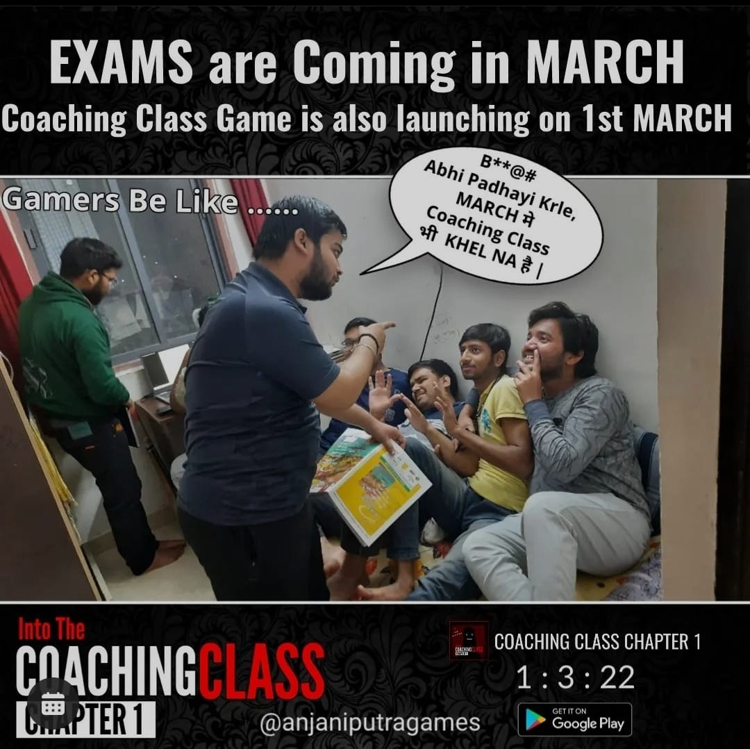 Coaching Class Game is Launching on this Maha Shivaratri 1st March 2022.
4k = youtu.be/GmOwKzhauWE
Jo bhi padhna hai , abhi se pdh ke rakhlo 😛
Be ready to Experience the biggest horror action thriller mobile game.

#game #gamedev #indiegame #gamedevelopment #gamedesign #meme