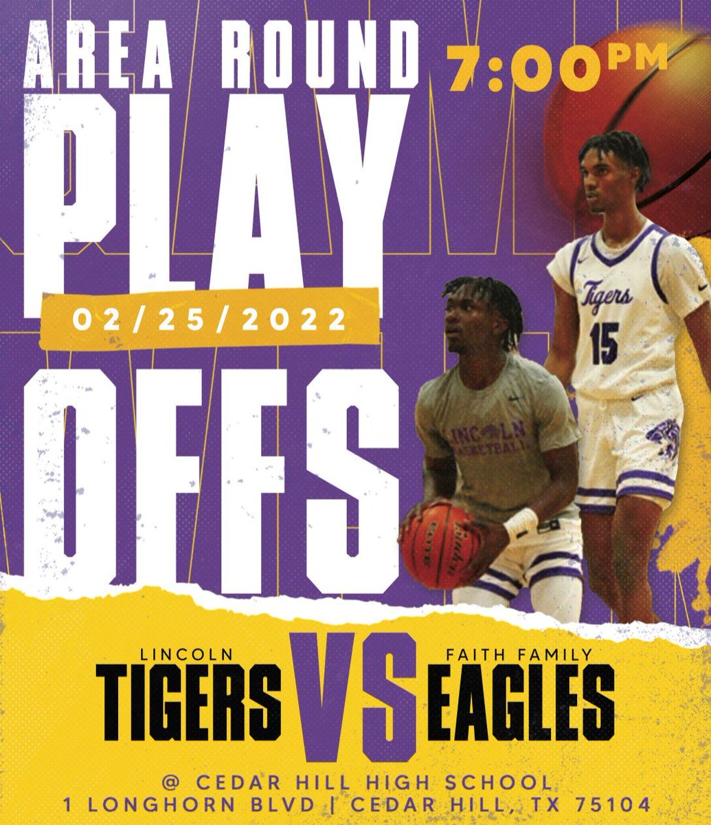 📣📣📣 Friday 7pm Area Round 📣📣📣
📍Cedar Hill HS
#Support #TigerTough
<a href="/1dhawk/">Davonta Morgan Collins</a> <a href="/CoachCedP/">Cedric Patterson</a> <a href="/LHS5PS/">Lincoln Athletics</a> <a href="/korbengilmore/">Korben Gilmore</a> @GbbLady <a href="/tigers_lincoln/">Lincoln Lady Tigers</a> <a href="/LincolnLadyTig1/">LincolnTigersWBB</a> <a href="/lincoln_btech/">Lincoln B-TECH Dallas</a>