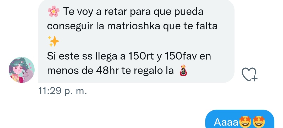 Holi😊 esta gran personita @ESCatMiller_ me acaba de retar por 150rts y mg para la matrioshka que me falta, pls ayúdenme 🙏🏻🙏🏻🥺 fue algo inesperado muchas gracias linda 💕