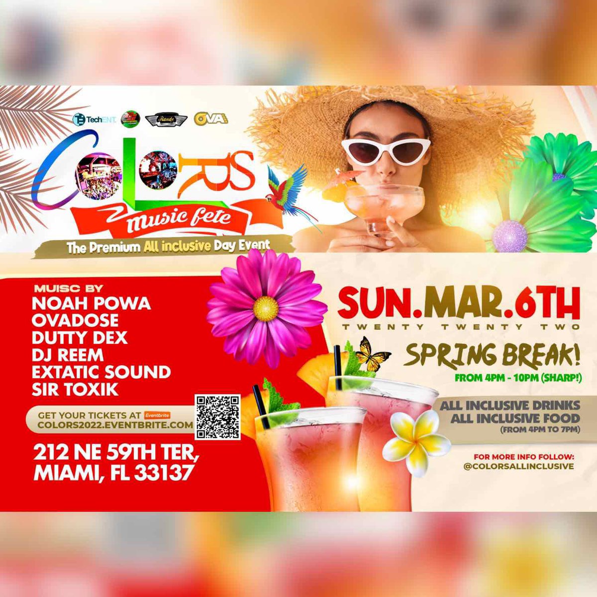 chrisditech's tweet image. 🔴 Colors Music Fete🟣🟢
☀️The Premium All inclusive Day Event ☀️ #SpringBreak 

🗓 March 6th 2022
⏰ From 4pm - 10pm (Sharp!)

📍 212 NE 59th Terrace, Miami, FL 33137

Entertainment By: 
🎤 @NoahPowa
🎧 @Ovadose 
🎚 @DuttyDex
🎶 @DjReem 
🎼 @ExtaticSound
🎵 @Sir_Toxik