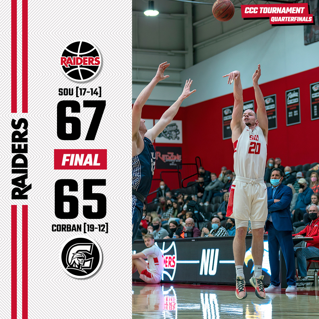 SOURaiders's tweet photo. Final from Salem: @SOUHoops survives in the CCC Tournament quarterfinals!

🔴 Tez Allen | 18 pts, 6 reb, 3 stl
⚪️ Josh Meyer | 16 pts, 13 reb, 5 ast
⚫️ Atmar Mundu | 16 pts, 5 reb

SOU advances to play at Lewis-Clark State in Saturday's semifinal round. https://t.co/jdN9KpiE7B