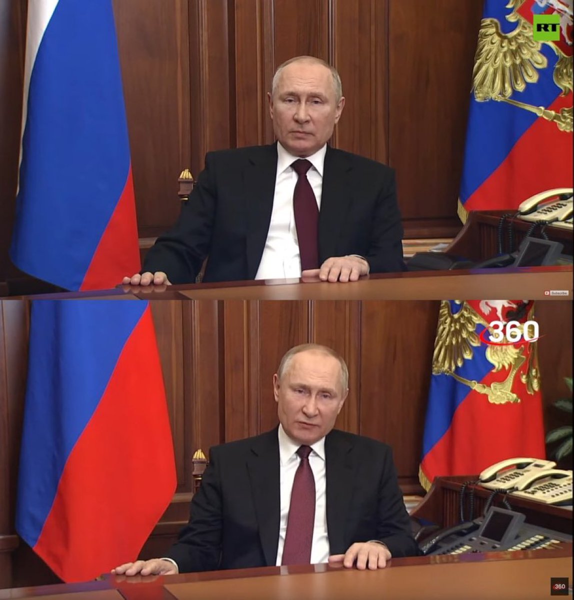 Putin declara la guerra en la madrugada del jueves 24 de febrero vistiendo exactamente el mismo atuendo, en la misma habitación, rodeado de las mismas cosas, mientras pronunciaba discurso el lunes 21 de febrero.

Imagen de portada: 21 de febrero.
Imagen inferior: 24 de febrero.