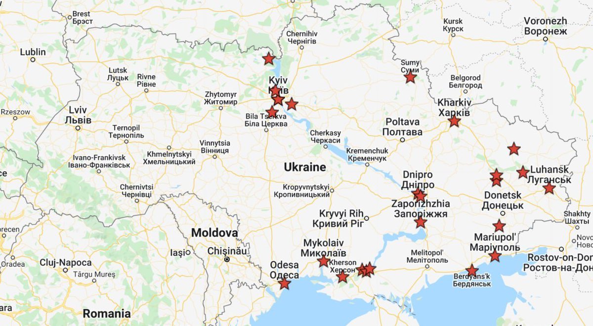 A map of all currently reported Russian attacks on Ukraine