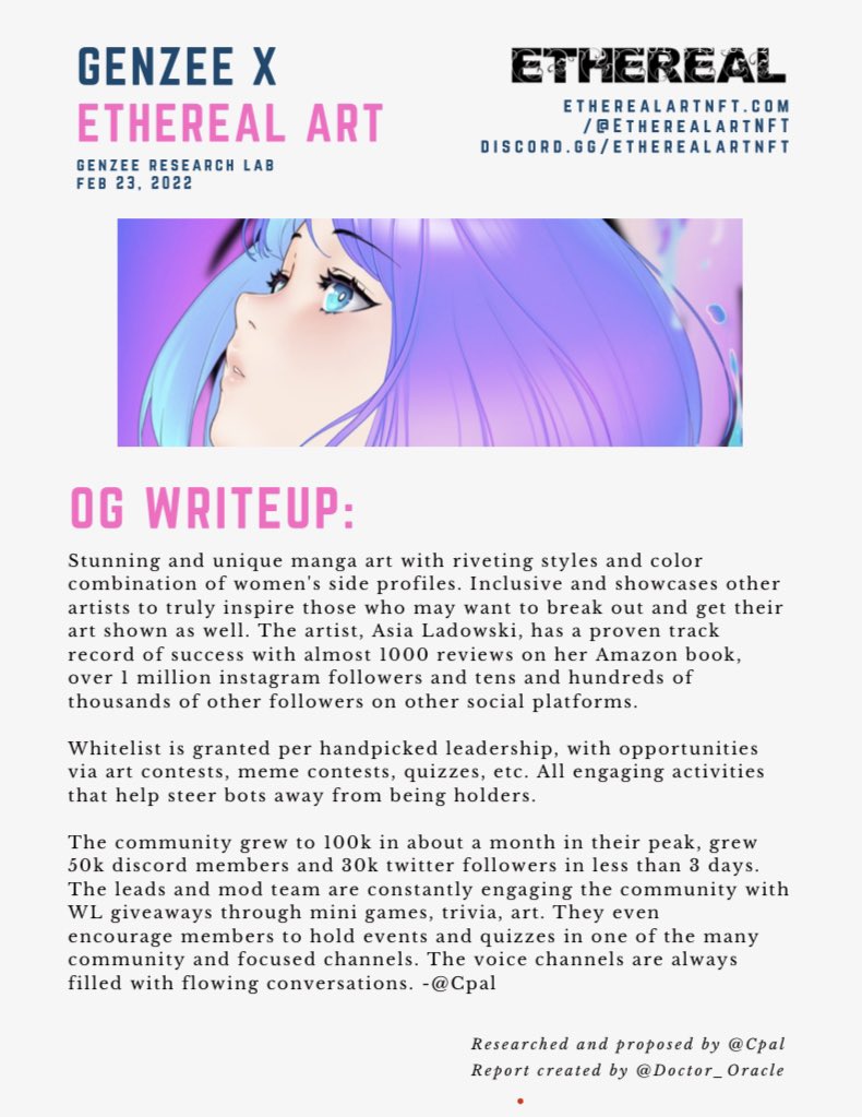 DeGenzees's tweet image. .@GenzeeResearch had our third community approved project @EtherealartNFT! 

Feel free to give this short report a read and check out their discord and website to learn more about the artist @AsiaLadowska and the roadmap!