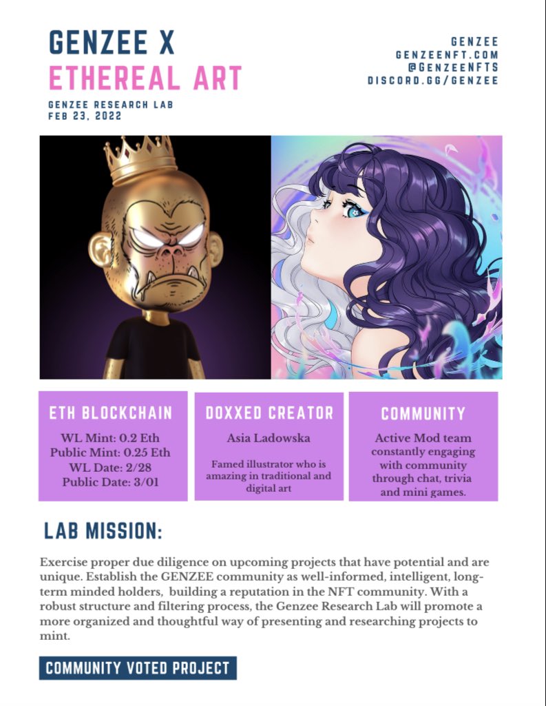 DeGenzees's tweet image. .@GenzeeResearch had our third community approved project @EtherealartNFT! 

Feel free to give this short report a read and check out their discord and website to learn more about the artist @AsiaLadowska and the roadmap!
