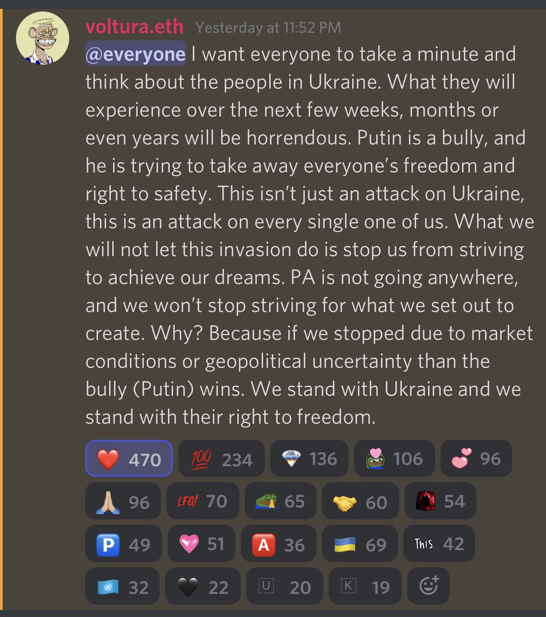Well said , glad to be apart of this. I #StandWithUkraine <a href="/psychanon/"></a> <a href="/BAYC2745/">voltura.eth</a>