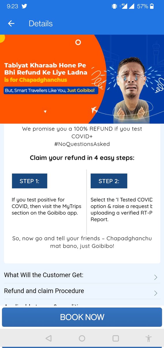Kalismatics's tweet photo. @goibibo Pls let me know at the earliest.I am not getting "I-tasted positive" option within "Mytrip".Attaching the screenshot from your website which mention #NoQuestionsAsked refund for covid. https://t.co/00CtDJDBmM
