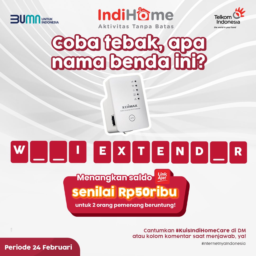 IndiHomeCare's tweet photo. Si kecil yang bisa perluas sekaligus perkuat sinyal wifi, apa nama benda ini ya? 

Yuk, jawab dan dapatkan hadiah saldo LinkAja Rp50.000 untuk 2 Sobat yang beruntung! 

Pastikan follow akun @IndiHomeCare dan cantumkan tagar #KuisIndiHomeCare saat menjawab! https://t.co/g0Y5Xn1ubf