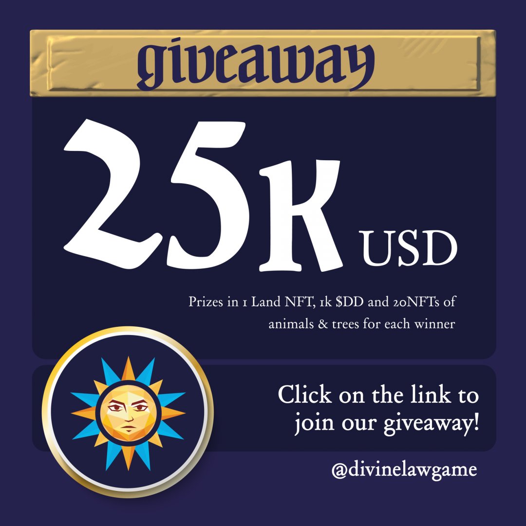 Hey, Did you hear about the Divine Law project? It's a great upcoming NFT game and they're making an awesome giveaway!

Have you entered this Divine Law crypto game competition to win up to 25k in tokens and NFTs?

If you refer friends you get more chances to win :)