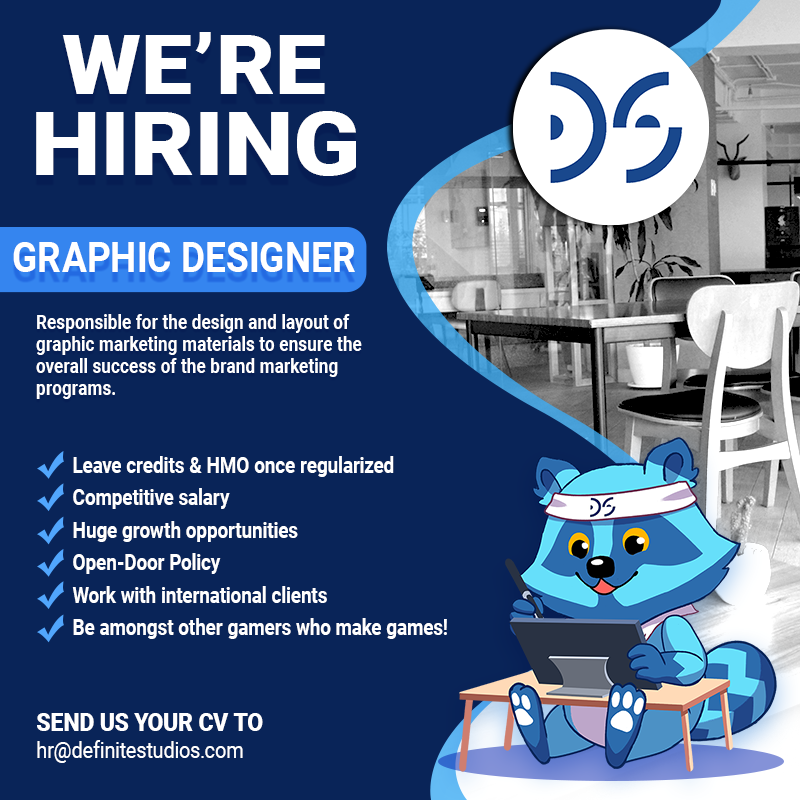 definitestudios's tweet photo. Definite Studios is looking for a talented Graphic Designer.
Join us and be part of a team.
Be amongst other gamers who make games!
Send your resume and portfolio to: hr@definitestudios.com
#DefiniteStudios #Definitelyhiring #GraphicDesigner #Hiring https://t.co/D09uvdsBaJ