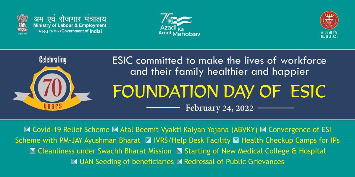 esichq's tweet photo. #ESIC committed to make the lives of workforce and their family healthier and happier.
#ESICFoundationDay #70YearsofESIC #AmritMahotsav 

@byadavbjp @Rameswar_Teli @AmritMahotsav https://t.co/VQQmYAsgSV