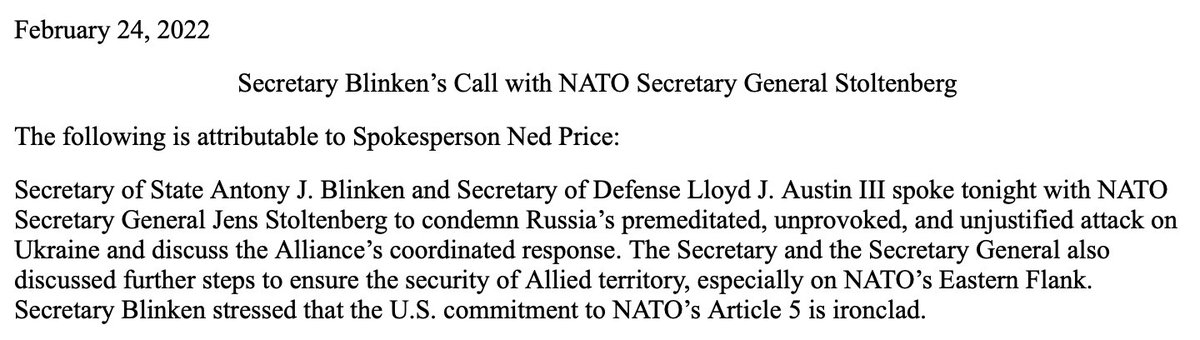 shanvav's tweet photo. Secretary of State Blinken and Secretary of Defense Austin spoke with NATO Secretary General Jens Stoltenberg tonight: "Blinken stressed that the U.S. commitment to NATO’s Article 5 is ironclad." https://t.co/LeZ8Cpm1nE