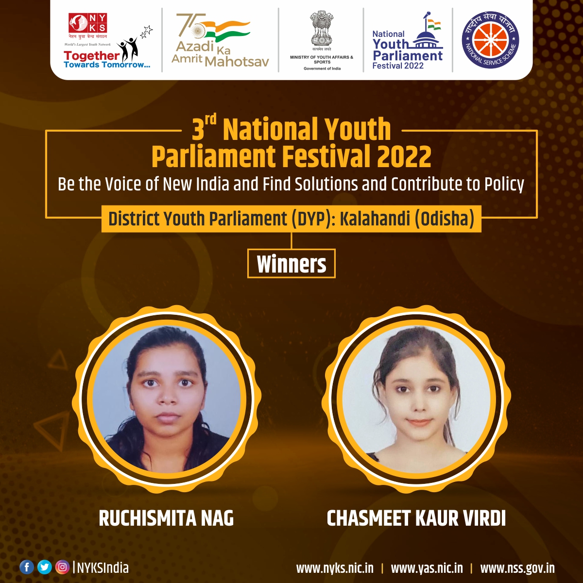 Skill India together we grow, Together we rise, and Together we make our India, INCREDIBLE INDIA.
Congratulations to the winners Ruchismita Nag &amp;
Chasmeet Kaur Virdi of the #DYP2022.

#NYP2022 #AbYuvaBolega #Odisha #Trending #Yuva #YouthPower