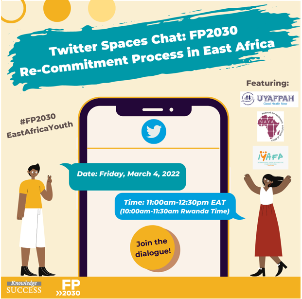 AmrefICD's tweet photo. Join us on March 4 ,for a tweet dialogue about the FP2030 re-commitment process in East Africa &amp; the role of youth in shaping the agenda. Speakers, FP2030 Youth Points in the region  #FP2030EastAfricaYouth @fprhknowledge @Amref_Worldwide @NAYAKenya @IYAFP @joanbanura
@UYAFPAH11 https://t.co/77QbupfKVO