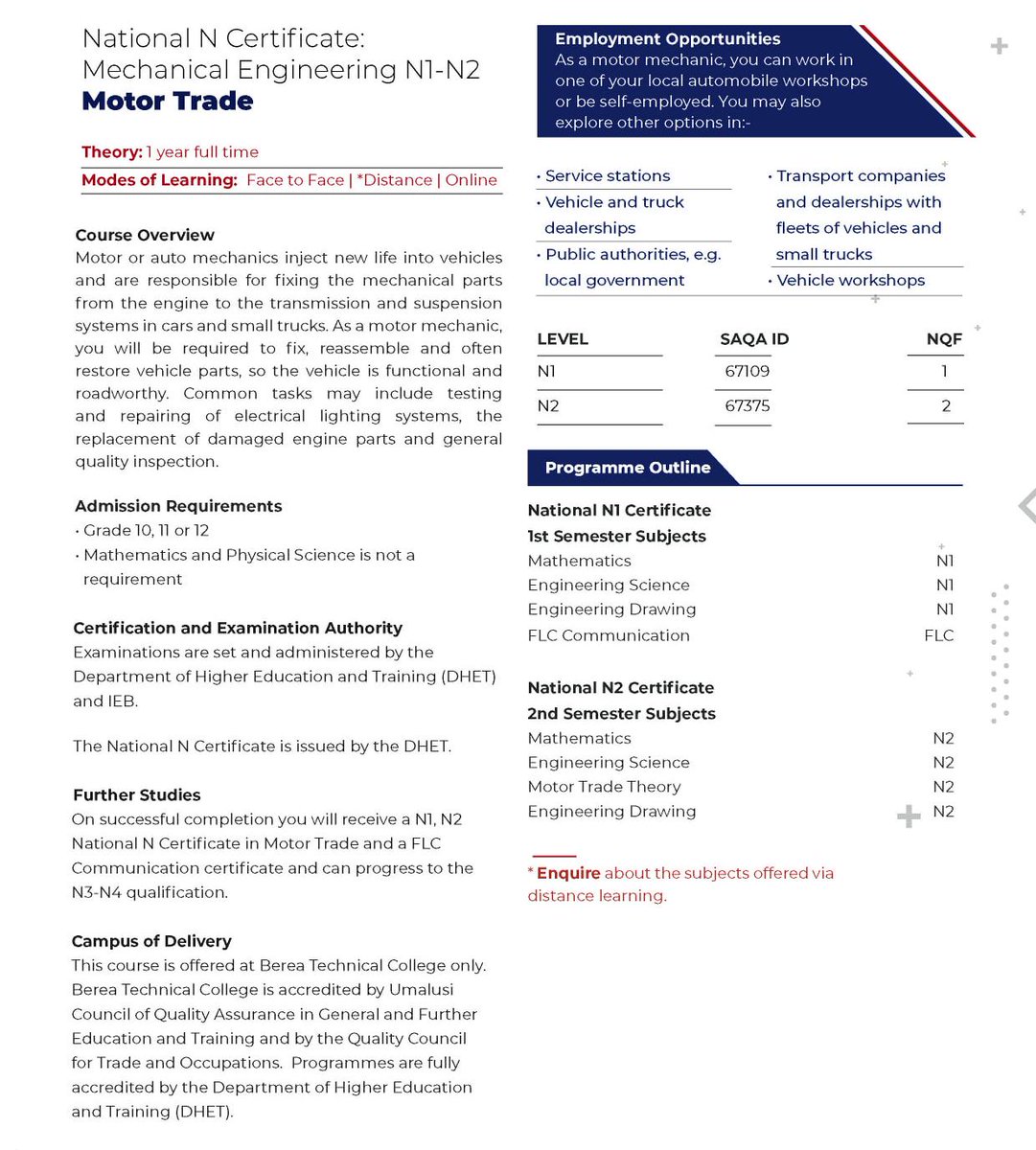 Berea_Tech's tweet image. As a motor mechanic, you will be required to fix, reassemble, &amp;amp; often restore vehicle parts, so the vehicle is functional &amp;amp; roadworthy.
Minimum requirements with Grade 10 without maths &amp;amp; physics🔧🔨🔩 Jump start your mechanical career now!

#motor #cars #mechanicalengineering