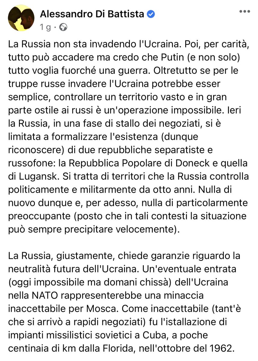 “La Russia, giustamente…”
Alessandro Di Battista, meno di 24 ore fa. Io non so neanche da dove cominciare con le bestemmie. 
#RussiaUcraina
