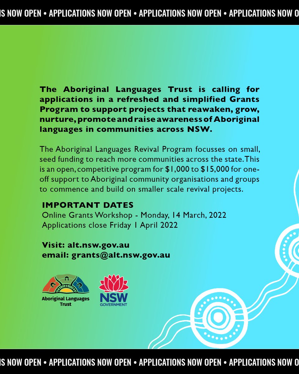 FYI mob across NSW. The Aboriginal Languages Trust’s Aboriginal Languages Revival Program opens Next Monday Feb 28. Funding opportunities available. Please share with your networks #aboriginallanguages