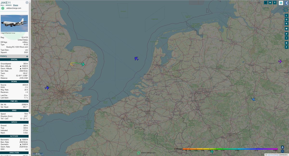 ApogeeSkylab's tweet photo. Out of RAF Mildenhall is USAF RC-135W Rivet Joint JAKE11 (#AE01D1), should be headed to Eastern Europe to monitor #UkraineInvasion.

Arrived yesterday from Offutt AFB https://t.co/LnMQO2tfso