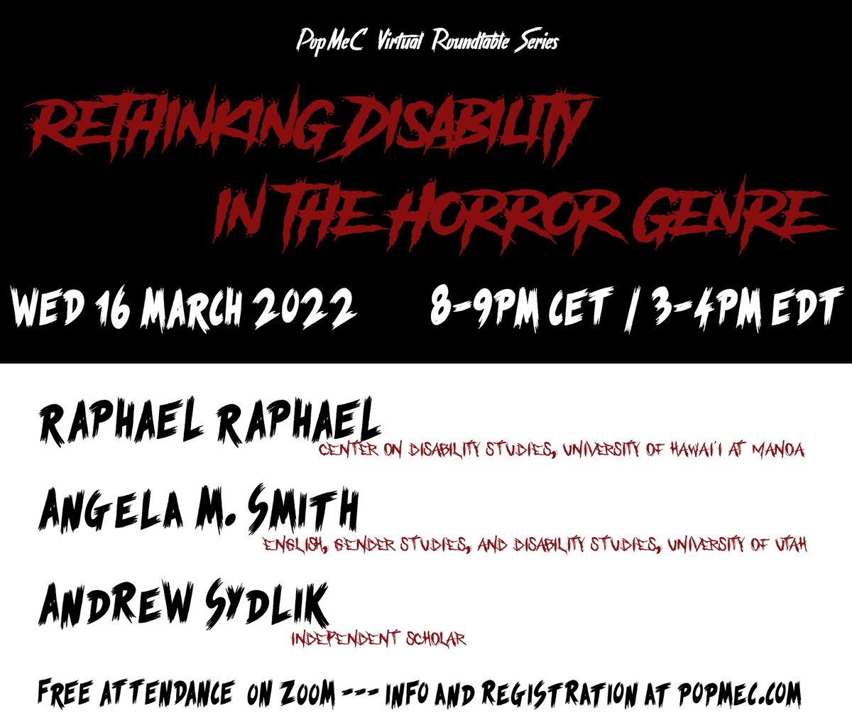 PopMeC_research's tweet image. Still fixing a few more details, but we're so excited to be hosting this event! Free attendance upon registration 👇
popmec.com/registration/

Feat @raphaelspeak, @AnDreadtheBlind (check his podcast @FreaksPsychos!) &amp;amp; Angela Smith
#horror #AcademicTwitter #Disability #PopCulture
