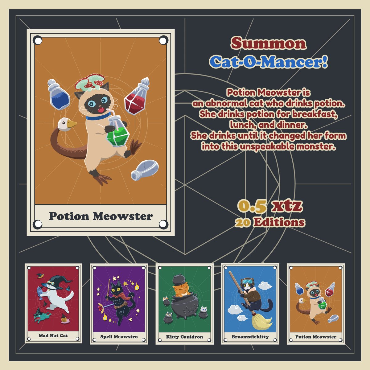 Summon Cat-O-Mancer! Series

Cat-Sith #5, Potion Meowster

👇👇👇👇
hicetnunc.art/objkt/682575
objkt.com/asset/hicetnun…

Collect all 5 Cat-Sith Card to get Cat-O-Mancer Card for Free!

#CleanNFT #nftart #NFTCommmunity #NFTdrop #hicetnunc #NFT