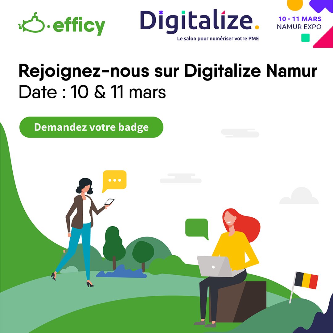 Les 10 et 11 Mars, nous serons présents sur Digitalize Namur, l'événement pour avancer dans la transformation digitale de votre entreprise.
Obtenez votre badge d'accès gratuitement ci-dessous ! 👇
bit.ly/3hdpN5U

#transformation #entreprise #Efficy #crm