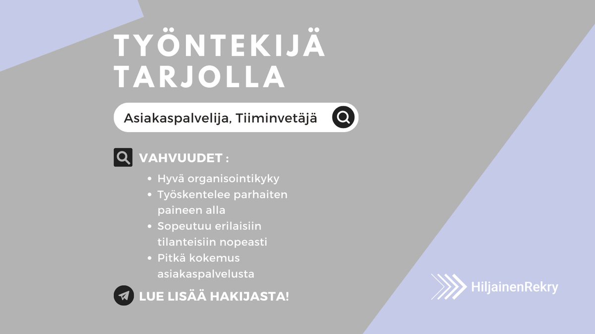 HRekry's tweet photo. Töitä etsii - Asiakaspalvelija/Tiiminvetäjä, Pohjois-Savo

Hakijalla on pitkä kokemus asiakaspalvelualalta.

Pyydä palveluumme pilottitunnukset info@hiljainenrekry.fi niin pääset tutustumaan hakijaan paremmin! 🔥

#työnhakijailmoitus #hiljainenrekry #työnhakija #työnhaku #ura https://t.co/HCjTQ1uKMK
