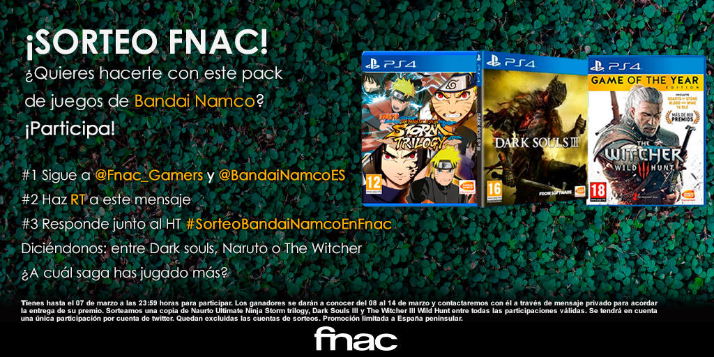 Fnac_Gamers's tweet photo. Las ofertas de #BandaiNamco continúan y nosotros lo celebramos con el sorteo de otros 3 juegos🥳

✅Sigue a @Fnac_Gamers y @BandaiNamcoES
✅RT
✅Responde junto a #SorteoBandaiNamcoEnFnac: Entre #DarkSouls, #Naruto o #TheWitcher ¿A cuál saga has jugado más?
https://t.co/oYuQR4RuSv https://t.co/4ngVwSow9s