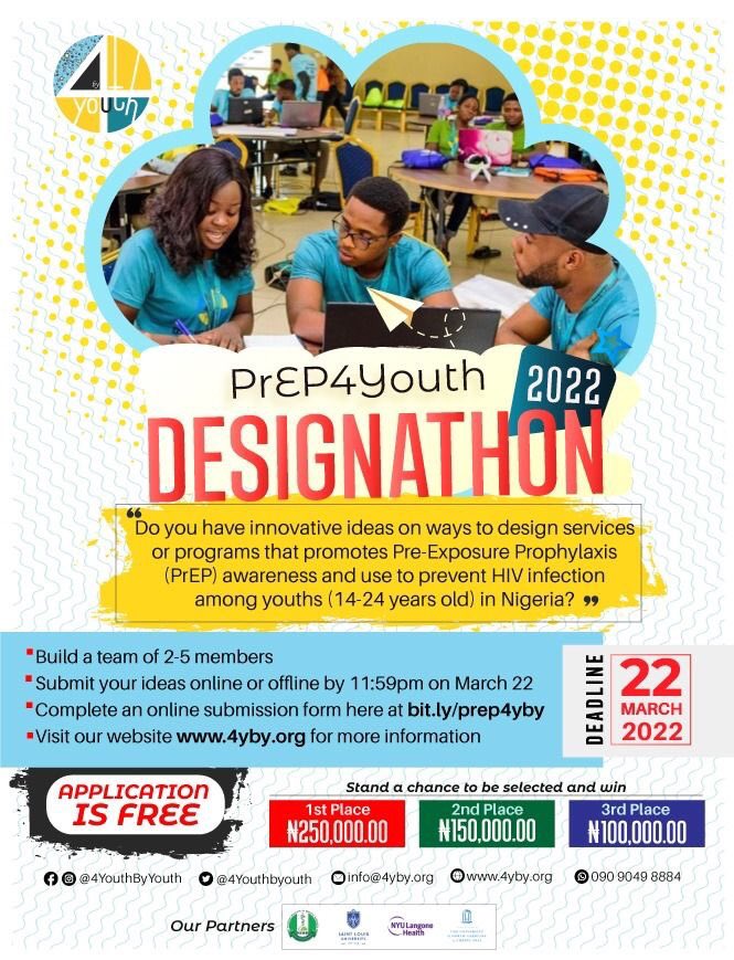 4YouthBYouth's tweet photo. Exciting Opportunity for Nigerian Youth 14-24 years. Submit your idea [ https://t.co/MFnanCHM3D] to participate in the @4YouthBYouth Designathon. Top teams from the designathon stand a chance to win up to ₦250,000 cash prize! #PrEP4Youth #OpenContest https://t.co/FmTOFL3Bem