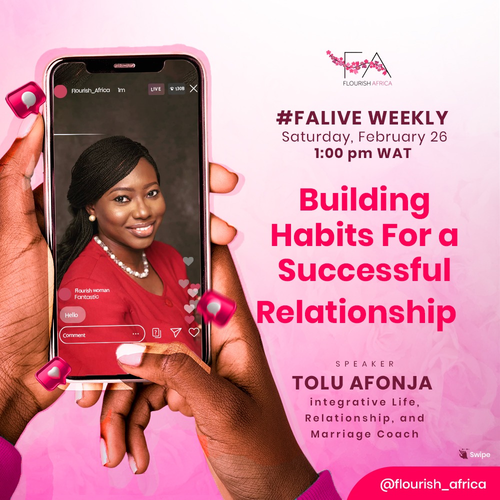 Flourish_Africa's tweet photo. In our next #FALIVE Weekly, we will be highlighting and sharing tips for building quality and successful relationships.
The guest speaker for this week is the certified life, relationship, and marriage coach, Tolu Afonja.
📅 Saturday, 26th February 2022
⏲️ 1 pm WAT
🤳 IG https://t.co/S8wIc4Piak