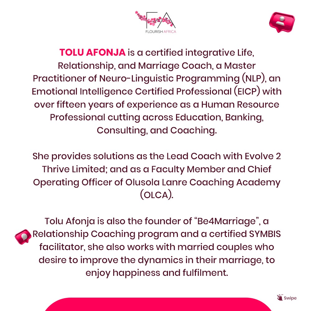 Flourish_Africa's tweet photo. In our next #FALIVE Weekly, we will be highlighting and sharing tips for building quality and successful relationships.
The guest speaker for this week is the certified life, relationship, and marriage coach, Tolu Afonja.
📅 Saturday, 26th February 2022
⏲️ 1 pm WAT
🤳 IG https://t.co/S8wIc4Piak