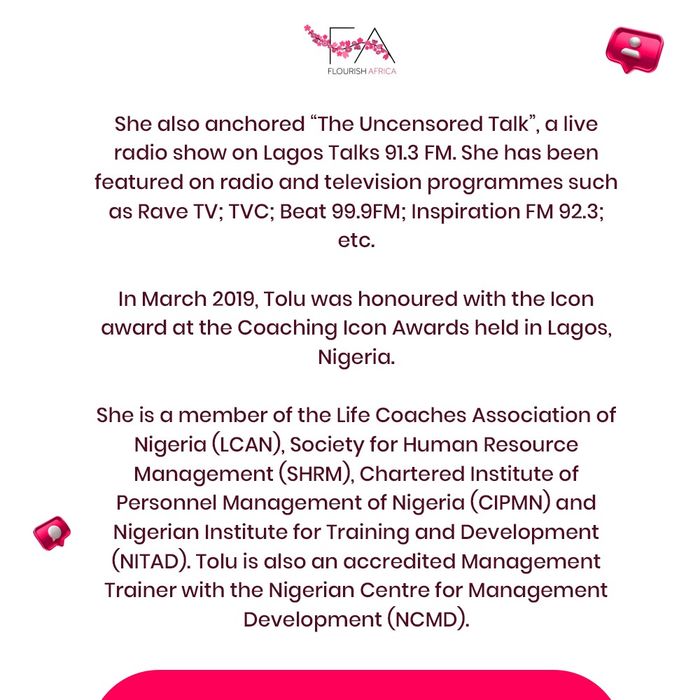 Flourish_Africa's tweet photo. In our next #FALIVE Weekly, we will be highlighting and sharing tips for building quality and successful relationships.
The guest speaker for this week is the certified life, relationship, and marriage coach, Tolu Afonja.
📅 Saturday, 26th February 2022
⏲️ 1 pm WAT
🤳 IG https://t.co/S8wIc4Piak