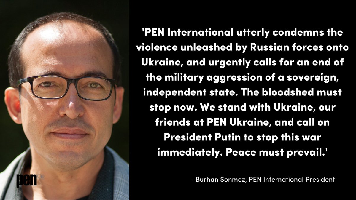pen_int's tweet photo. On 24 February, #Russia began a large-scale military attack on #Ukraine. Responding to the news Burhan Sonmez, PEN International president, said:
https://t.co/P6PrkHuFp7 @PenUkraine @brhnsnmz https://t.co/WIP9cns6WN