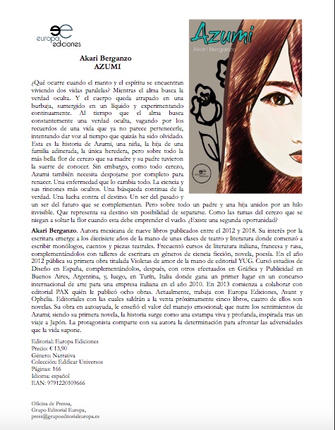 violetayosoy1's tweet photo. Nota de prensa. Novela, Azumi. Europa Ediciones.Autor Akari Berganzo. https://t.co/gtBSZDvlz5
