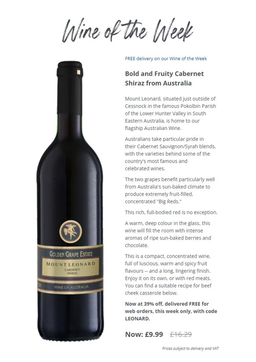 WINE OF THE WEEK! The MOUNT LEONARD Cabernet Shiraz 🍇🍷
Place an order of our lip-smacking Aussie red, and enter code LEONARD at the checkout to have your entire wine order shipped for FREE. Visit us at pieroth.co.uk/products/mount…