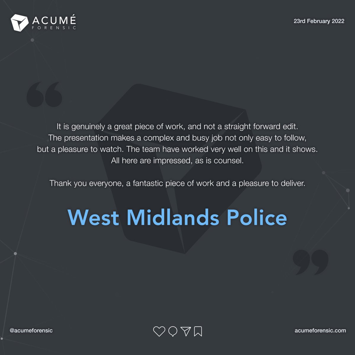 acumeforensic's tweet image. Excellent feedback from one of our most recent cases. #acumeforensic #courtroompresentation #westmidlandspolice #birminghamuk #forensics #forensicscience #cctv #3d #3dreconstruction