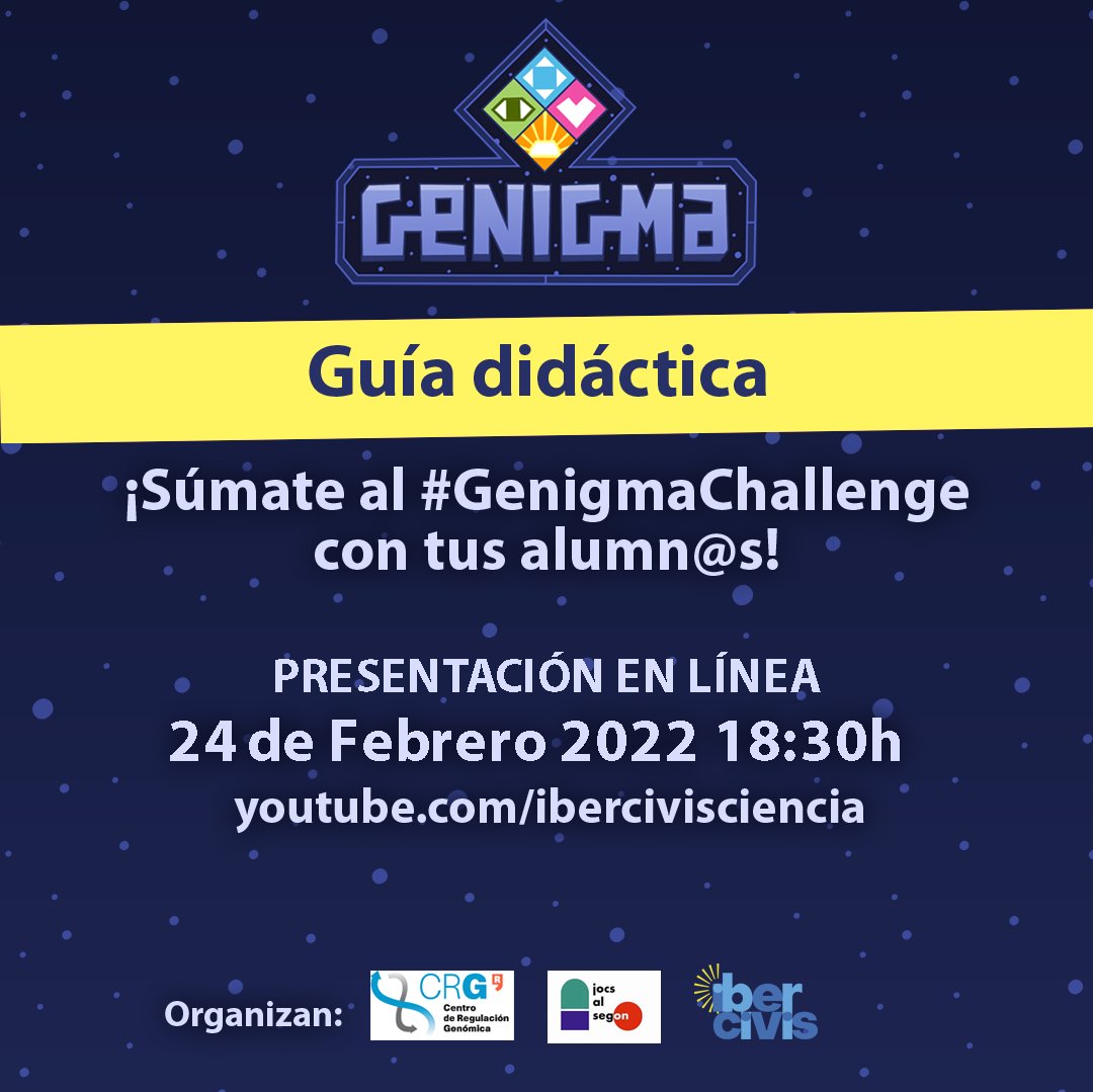 Fundación Ibercivis (@ibercivis) on Twitter photo ¡Súmate al #GenigmaChallenge con tus alumn@s!
Esta tarde, a las 18:30 te presentamos la guía didáctica de <a href="/Genigma3D/">Genigma</a> 
➡️ Toda la info, aquí: ibercivis.es/genoma-humano-…
➡️ En directo en nuestro canal de YouTube: youtube.com/c/IbercivisCie…
¡Os esperamos! #cienciaciudadana ¡Súmate al #GenigmaChallenge con tus alumn@s!
Esta tarde, a las 18:30 te presentamos la guía didáctica de <a href="/Genigma3D/">Genigma</a> 
➡️ Toda la info, aquí: ibercivis.es/genoma-humano-…
➡️ En directo en nuestro canal de YouTube: youtube.com/c/IbercivisCie…
¡Os esperamos! #cienciaciudadana