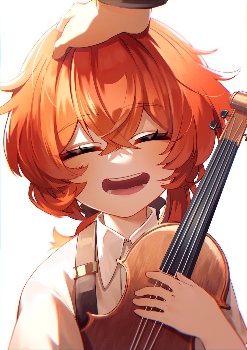 diluc (genshin impact) instrument closed eyes open mouth shirt smile holding red hair  illustration images