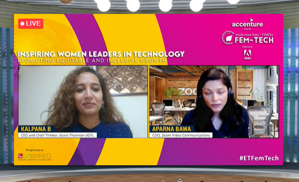 GrantThorntonIN's tweet photo. Kalpana B, Chief Thinker & CEO-dGTL, @GrantThorntonIN, in a fireside chat with Aparna Bawa, COO, Zoom Video Communications at the #ETFemTech 2022. The duo had an insightful conversation on the evolving face of digital, women as global change agents, & future of women in tech. https://t.co/dup1FuvgoA