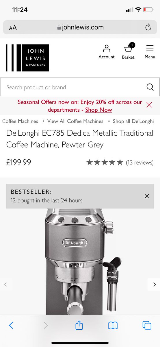 JoshKleiman's tweet photo. @JohnLewisRetail my wife and I bought this coffee machine for £230.00 on Sunday and 3 days later its dropped in price to £199.00. Would we be able to get a £30.00 voucher to save us returning the one we bought and buying it again for cheaper? https://t.co/SWH50HnUOL