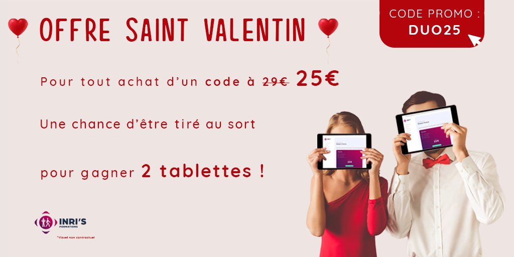 Non ce n'est pas fini ! Chez INRI'S la fête des  amoureux (de la conduite 😉) continue jusqu'au 28 février ! 😍
Passe ton code pour 25€ avec le code promo DUO25 et tente de gagner 2 tablettes par tirage au sort le 1 mars !👉inris-formations.com
 #amoureuse #permisb