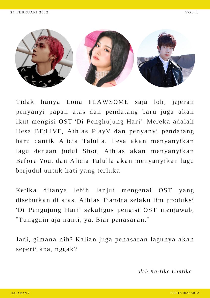 Clueless_PH's tweet photo. ️️ ️
   
     BREAKING NEWS.

     FLAWSOME's LONA, BE;LIVE's HESA, 
     PLAYV's ATHLAS &amp; SOLOIST ALICIA
     TALULLA TO LEND THEIR VOICE FOR
     'DI PENGHUJUNG HARI'.

     Read more ...
     
️️ ️️ https://t.co/H3tm5PDAVy