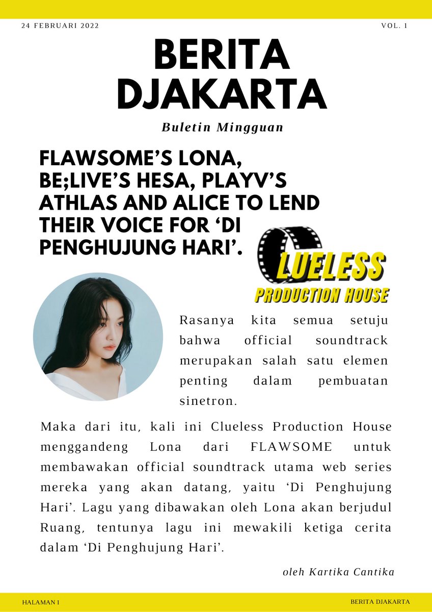 Clueless_PH's tweet photo. ️️ ️
   
     BREAKING NEWS.

     FLAWSOME's LONA, BE;LIVE's HESA, 
     PLAYV's ATHLAS &amp; SOLOIST ALICIA
     TALULLA TO LEND THEIR VOICE FOR
     'DI PENGHUJUNG HARI'.

     Read more ...
     
️️ ️️ https://t.co/H3tm5PDAVy