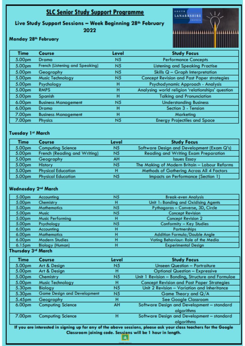 Miss_H_Gibney's tweet photo. Check out our exciting study schedule for Week 2 of the SLC Senior Study Support Programme. We have some new, exciting sessions on offer! See your class teachers for Google Classroom codes #virtualstudysupport @EducationSLC https://t.co/zkjRHsa6Vn